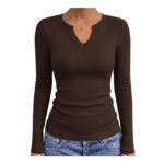 Gyabnw Womens Ribbed Long Sleeve Fitted Notch V-Neck Top Brown