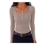 Gyabnw Womens Ribbed Long-Sleeve Square-Neck Top with Button Detail
