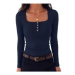 Gyabnw Womens Ribbed Long Sleeve Square-Neck Top with Button Detail