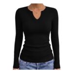 Gyabnw Womens Ribbed Long Sleeve V-Neck Top Black