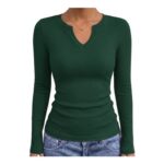 Gyabnw Womens Ribbed Long-Sleeve V-Neck Top Green