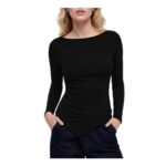 Gyabnw Womens Soft Ribbed Long-Sleeve Top, Boat Neck, Asymmetric Hem