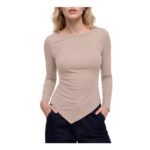 Gyabnw Womens Soft Ribbed Long Sleeve Top Boat-Neck, Asymmetrical Hem
