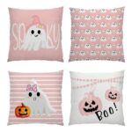 HINGTAI Pink Halloween Pumpkin Pillow Covers, 18×18, Set of 4