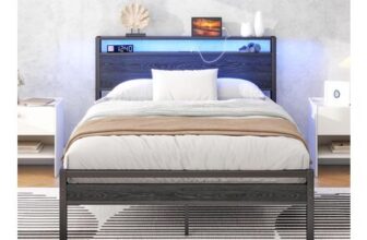 HOJINLINERO Double Bed Frame with Storage Headboard, LED Lights, Black