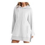 HOOUDO Longline Hoodie Dress, White, Womens Oversized Sweatshirt