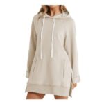 HOOUDO Longline Hoodies for Women Oversized Sweatshirt Dress Beige