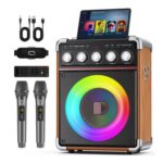 HWWR Karaoke Machine with 2 Wireless Mics, Wood Finish