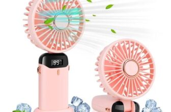 Handheld Fan, USB Rechargeable, 5 Speeds, Digital Display, Pink