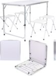 Harbour Housewares 120cm (4ft) Height Adjustable Aluminium Folding Picnic Table with 4 Chairs – White – 4-Seater Foldable Portable Outdoor Garden Patio Camping BBQ Dining Trestle Furniture