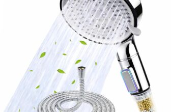 High Pressure Shower Head with ON/Off Switch, Shower Head with 1.5M Hose Chrome Finished 5 Spray Modes Hard Water Filter Shower Head, 12CM Large Spray Face Handheld Showerhead with Filter