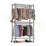 Himimi Double Rod Garment Rack, 3-Tier, 2 Hooks, Wheels, Grey