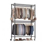 Himimi Double Rod Garment Rack with Adjustable Shelves and Wheels