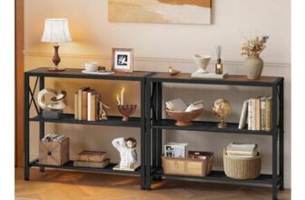 Hoctieon 2-Piece Industrial Console Tables, 3-Tier, Rustic Brown