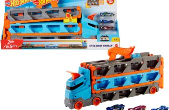 Hot Wheels Speedway Hauler & 3 1:64 Scale Toy Cars Large-Scale Truck Stores 20 Cars & Transforms into 6-Foot-Long Race Track, Connects to Other Sets & Tracks, HGH33