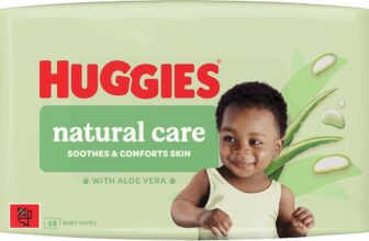 Huggies Natural Care Baby Wipes – Single Pack (48 Wipes) Plastic Free Wet Wipes with Aloe Vera & Vitamin E, Hypoallergenic, Comfort and Soothe Babys Delicate Skin