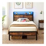 IRONCK Single Bed Frame with Storage Headboard, LED Lights