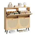 IRONCK Slim Rattan Shoe Cabinet with 4 Flip Drawers