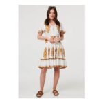 Izabel London Beige Printed Drawstring Knee Length Dress