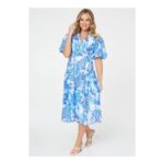 Izabel London Blue Floral Tiered Puff Sleeve Midi Dress