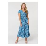 Izabel London Blue Geo Print Twist Front Midi Dress