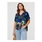 Izabel London Navy Tropical Print Short Sleeve Relaxed Top