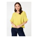 Izabel London Yellow Frill Hem 1/2 Sleeve Relaxed Top