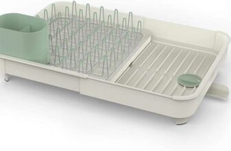 Joseph Joseph Extend Expandable Dish Drainer Rack with Removable Cutlery Holder Swivel Draining Spout – Stone/Sage Green