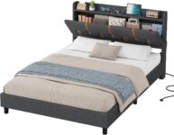 KIMENICH Upholstered Bed 135 x 190 cm, Double Bed Frame 135x190cm with Storage Headboard and Sockets, Open Shelf, Concealed Storage, 4ft6 Double Bed Frame with Wood Slat Support, Linen Grey