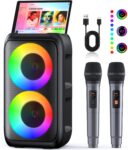 Karaoke Machine 2 Microphones Speaker 2 x 15W with Rechargeable Microphone 10H of Playtime Supports TV/Phone/TWS/AUX For Party/Outdoor/Office/Live Mixers (Black-2 Mic)