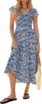 Kate Kasin Womens Floral Flowy Boho Dress Elastic Smocked Casual Maxi Dress Ruffled Summer Beach Vacation Sundress