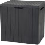 Keter City 113L Outdoor 96% recycled Small Balcony Garden Furniture Storage Box Grey Wood Panel Effect Fade Free All Weather Resistant Safe and Secure Zero Maintenance 2 year Warranty