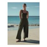 Khaki Green Ruched Waist Jersey Jumpsuit