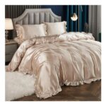 Khaki Satin Duvet Cover Set with Ruffles, Single, Includes Pillowcase