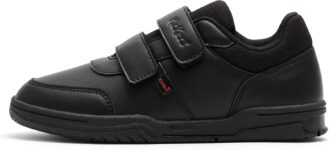 Kickers Kids Unisex Mervan School Shoes, Black Synthetic Leather, Trainer Style, Easy Fasten Strap, Lightweight