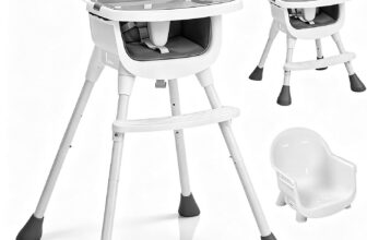 LALAHO Adjustable Height Baby High Chair with 5-Point Safety Harness Grey Portable 3-in-1 Highchair with Removable Dual-Layer Tray and Footrest for Toddlers and Babies