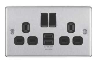 LAP 13A 2-Gang SP Switched Socket 2.4A 12W 2-Outlet Type A USB Charger Brushed Steel with Black Insert