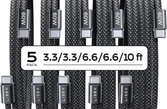 LISEN 5-Pack USBC Cables 3.3/3.3/6.6/6.6/10FT for iPhone 16/15 Pro Max, Samsung S24/S23, iPad & MacBook Air/Pro – 60W (3.1A) Fast