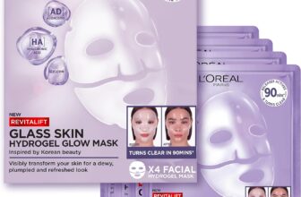 LOreal Paris Glass Skin Hydrogel Face Masks, Korean Inspired, 4 Pcs Korean Inspired Skincare, Visibly Transform Skin, Dewy Plumped & Refreshed Look, with Hyaluronic Acid, Adenosine & Glycerin