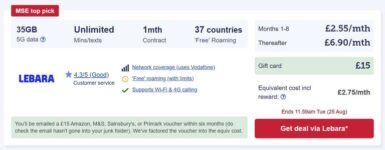 Lebara – 35GB Data, Unlimited Texts & Calls – £2.55 a month for 8 months, £6.90 after plus free £15 voucher.