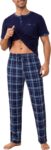 Litherday Mens Pyjamas Set Cotton Short Sleeve Top with Checked Trousers