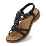 Littleplum Womens Flat Sandals, Casual Boho Rhinestones, Black UK 6.5