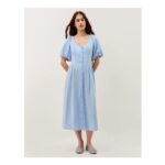 Lottie Puff Sleeve Linen Blend Midi Dress Blue