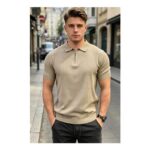 Lovii Men Half Zip Knit Polo Thin Short Sleeve Summer T Shirt Khaki