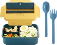 Lunch Box, Bento Box for Kids Adults, Food Container with 3 Cutlery Set Compartments Lunchbox, BPA Free (Blue-Yellow)
