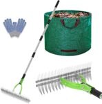 Lychee Garden Rake, 15-Inch Lawn Thatching Rakes for Dead Grass Clearing and Turning Soil, Patio Garden Soil Rake Comes with 19-Gallon Drop Leaf Bag and Gloves (Green)