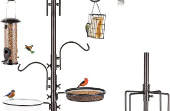 MIXXIDEA Bird Feeder Station Kit, Bird Feeders Pole with 5-Prong Base, Multifunctional Birds Feeders Stand for Outdoors, with Hooks, Feeders, Bath Tray, Easy to Use, 1 Set in Black (Set of 3 feeders)