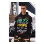 Man Black Oversized Moto Print Hoodie