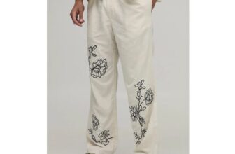 Man Relaxed Fit Linen Blend Floral Embroidery Co-Ord Trousers