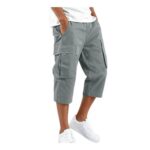 Mens 3/4 Length Cargo Shorts with Pockets, Grey, M
